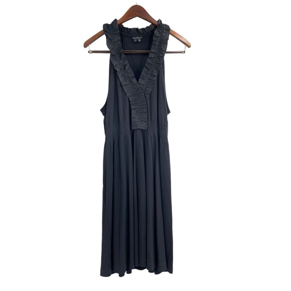 Theory Black Pleated Ruffle Neckline Sleeveless Dress Womens Size Large Classic